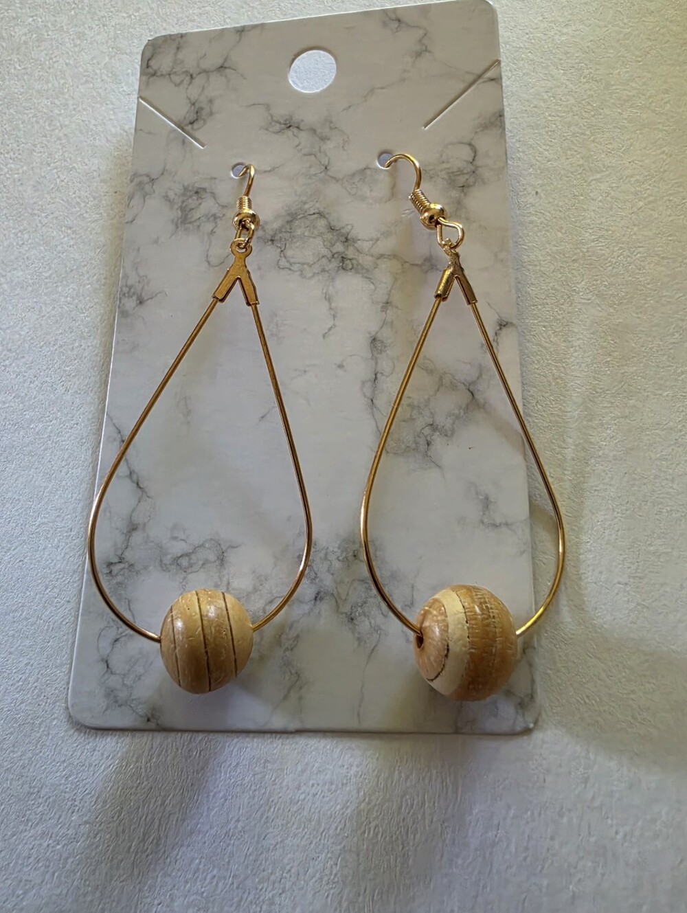 Gold Drop Hoop Earrings with Natural Wood Beads